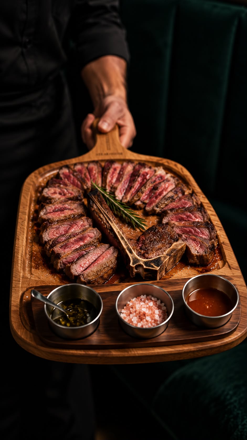 Tomahawk cortado con chimichurri, sal rosa y salsa criolla